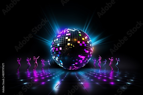A disco ball in a dark room with people dancing.