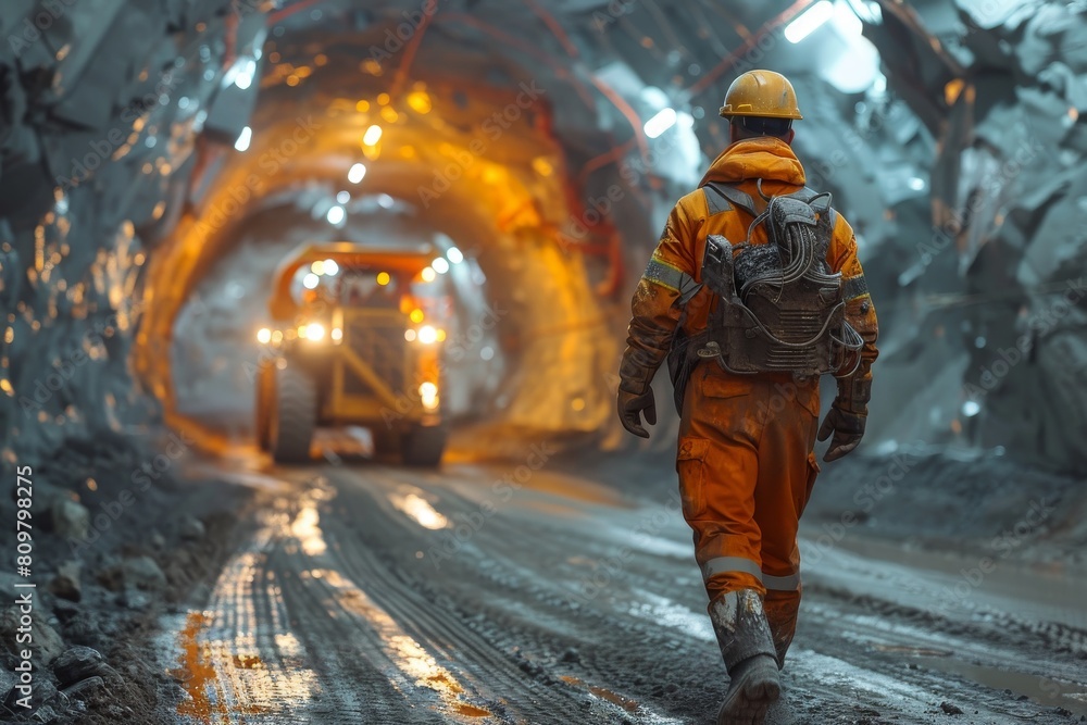 An image of a lone worker in orange stride confidently in a vast mine tunnel lit by vehicle headlights An image of a lone worker in orange stride confidently in a vast mine tunnel lit by vehicle headlights