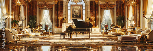 Elegant Concert Hall with Grand Piano, Musical Performance in a Luxurious Setting with Classical Architecture photo