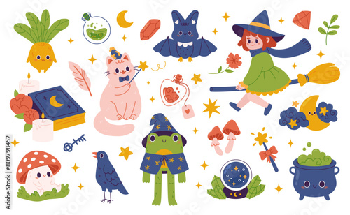 Set of cute magical elements and characters in kawaii style. Hand drawn vector illustration.