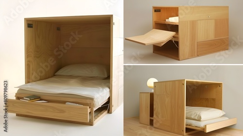 Wooden Multifunctional Bed with Hidden Drawers and Shelves in Minimalist Bedroom Interior photo