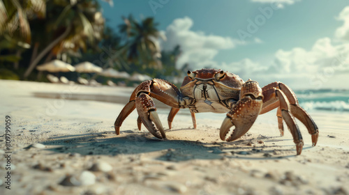 A render with 5 legs on a paradisiac island beach sand. Surreal creature on tropical paradise. AI generative.