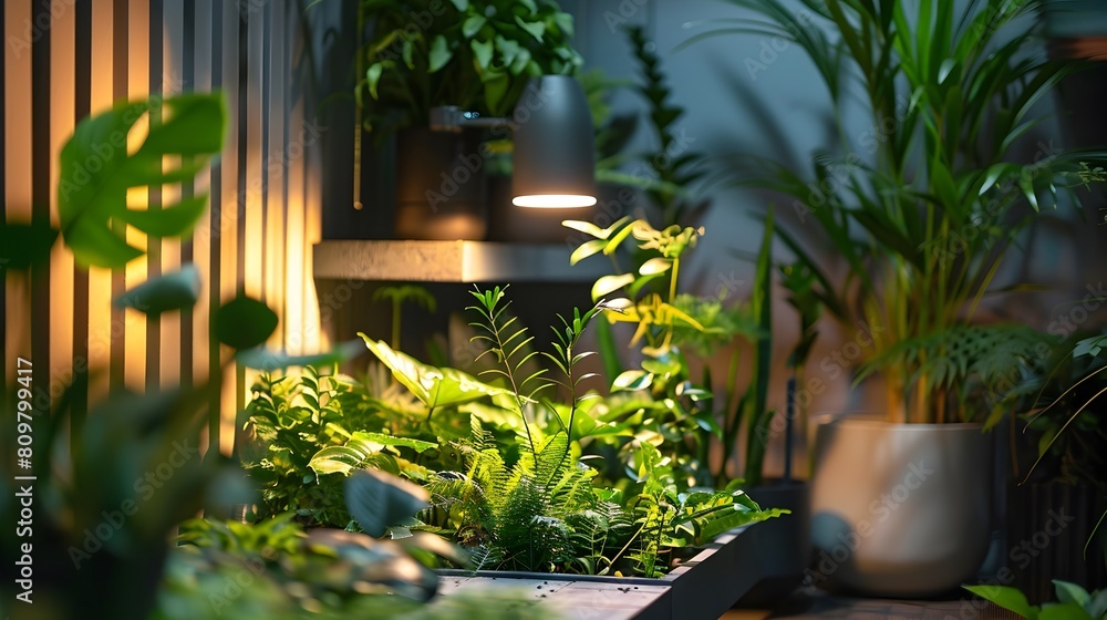 Lush indoor greenery and lighting create a tranquil serene and modern atmosphere for an elegant and harmonious living or work space Lush indoor greenery and lighting create a tranquil serene and modern atmosphere for an elegant and harmonious living or work space