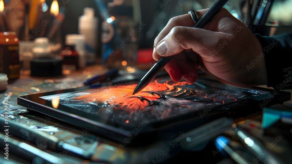 Talented Crafting Vibrant Digital Artwork on Tablet in Creative Workspace Talented Crafting Vibrant Digital Artwork on Tablet in Creative Workspace