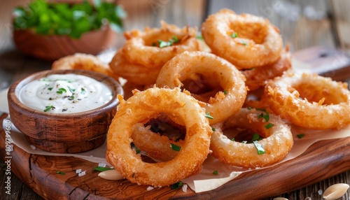 Crispy Golden Fried Onion Rings with Creamy Dip on Wooden Table