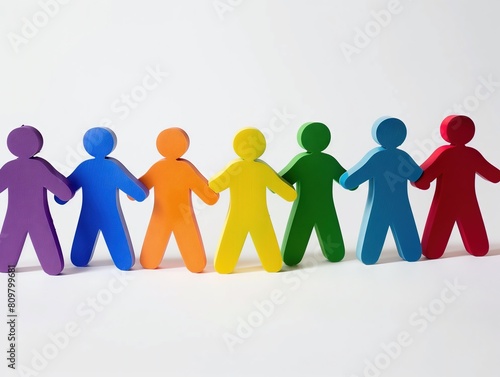 group of colorful paper people holding hands in front, each person representing a different color on a white background. Equality and diversification