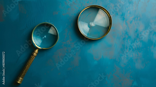 Vintage magnifying glass on blue backdrop, perfect for research and examination. AI generative technology.