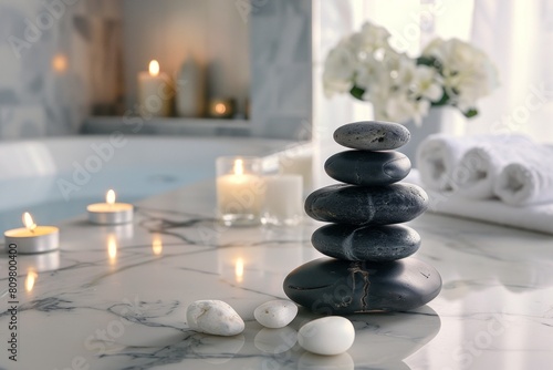 Serene Spa Day  Candles  Zen Stones  and White Towels in a Peaceful Bathroom Setting