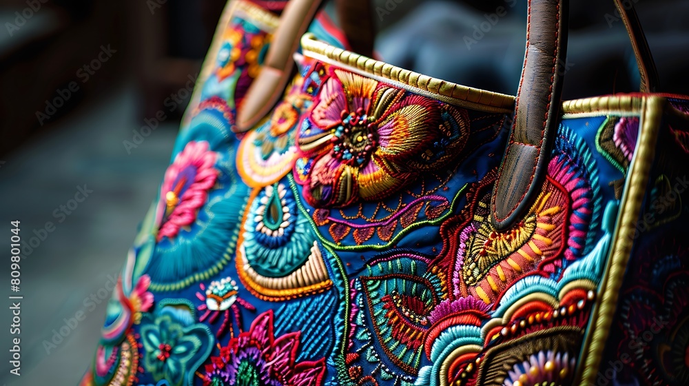 A handbag with intricate embroidery, catching the eye with its vibrant colors and detailed patterns
