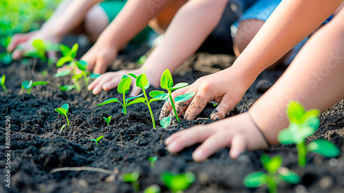 Concept of kids engaged in invironmental care. Hands of children cultivating plants on the soil. photo