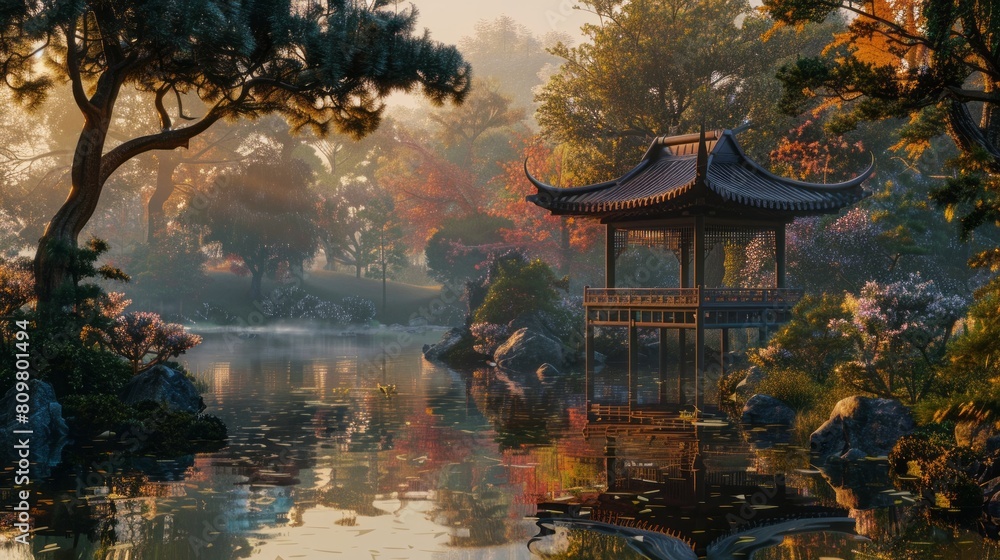 Obraz premium Enveloped in Serenity: Japanese Garden at Dawn.