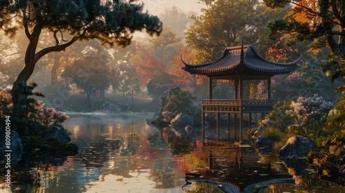 Enveloped in Serenity: Japanese Garden at Dawn.