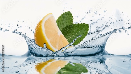 Zitrone trifft auf wasser und Minze - Wasser spritzt weg - erfrischend mit Minze