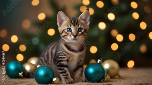 Bengal kitten with teal Christmas ornaments golden.generative.ai