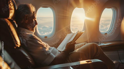 Photo realistic as Executive Reading on Morning Flight concept as An executive makes productive use of a morning flight by catching up on industry news and reports. in Photo Stock