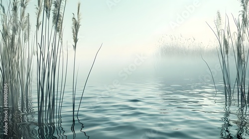 Beautiful serene nature scene with river reeds fog