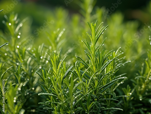 Rosemary, a fresh herb with glistening dew drops on its leaves, makes a stunning backdrop for outdoor herb wallpapers. Scientifically known as Rosmarinus officinalis.