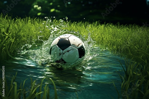 Soccer ball makes a dynamic splash as it lands in a water puddle on a lush green field