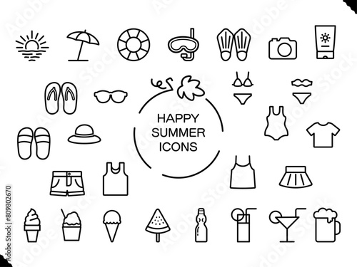 夏のアイコンセット、黒の画線のベクターイラストのアイコンセット
