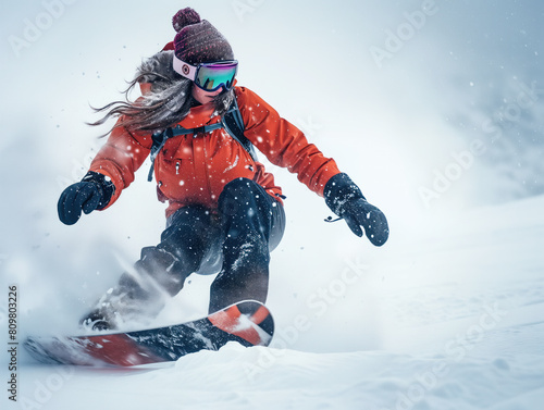 Confident snowboarder gracefully navigates through falling snow in the unforgiving high mountains.