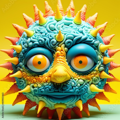 A 3D rendering of a colorful, abstract creature with spikes all over its body.