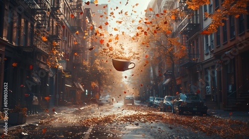 a coffee cup floating in the air. AI generate illustration photo