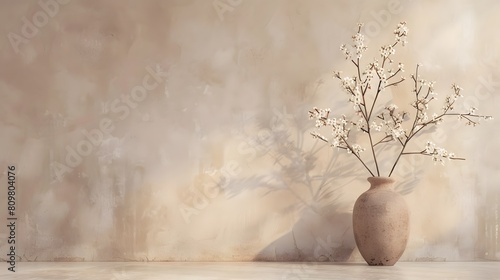 Blossom branch in clay vase near beige stucco wall background. Interior design of modern living room with space for text. Created with generative AI