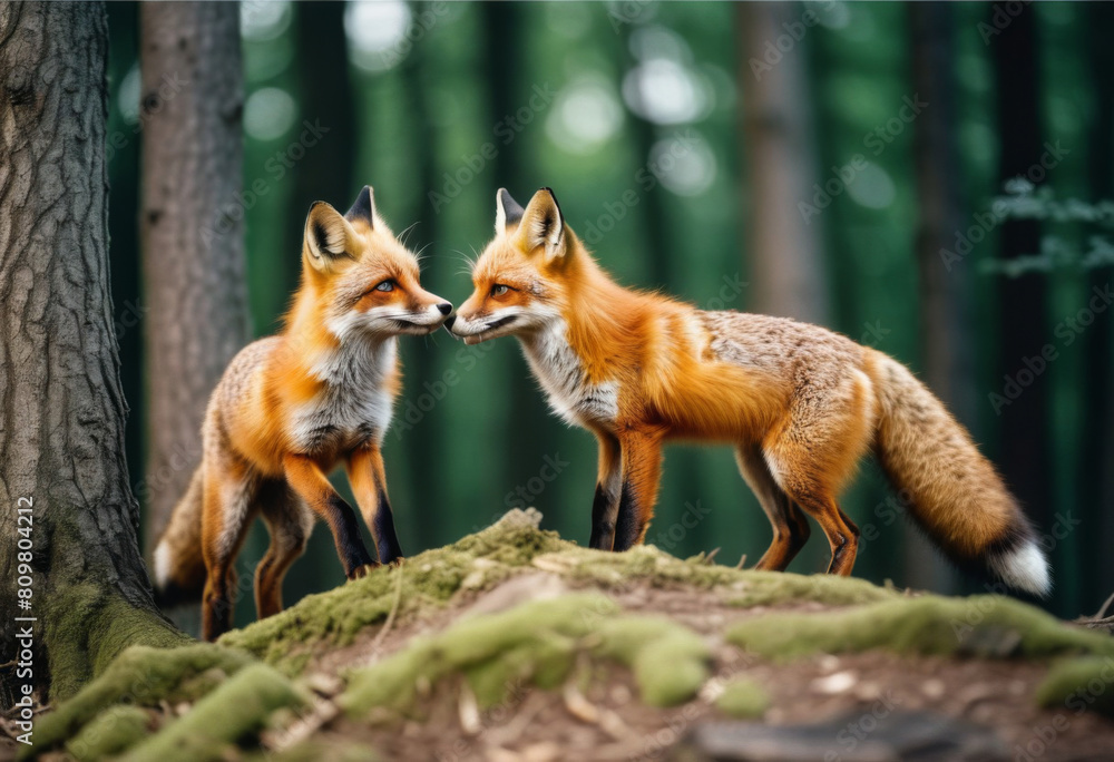 Zwei putzige junge Rotfüchse spielen auf einem moosbedeckten Baumstamm eines mystischen Waldes. Ihre fuchsroten Pelze leuchten im Sonnenlicht, umgeben von üppigem Grün der Farne und Bäumen. Zwei putzige junge Rotfüchse spielen auf einem moosbedeckten Baumstamm eines mystischen Waldes. Ihre fuchsroten Pelze leuchten im Sonnenlicht, umgeben von üppigem Grün der Farne und Bäumen.