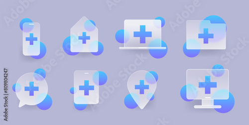 Glass morphism icons set with medicine blue cross. Medical service symbol