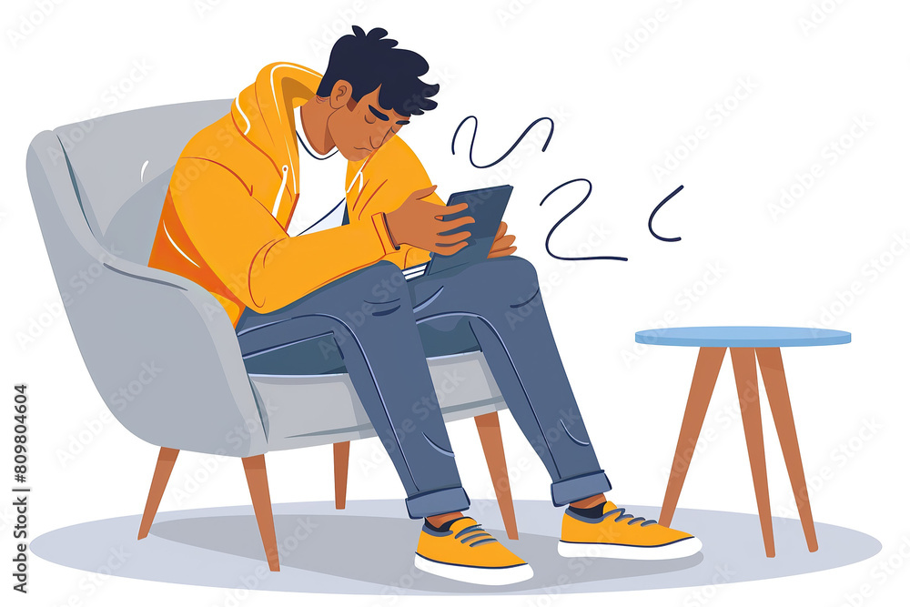 Man Watching Device Illustration, Sitting Office Chair, Employee Mental Health Man Watching Device Illustration, Sitting Office Chair, Employee Mental Health