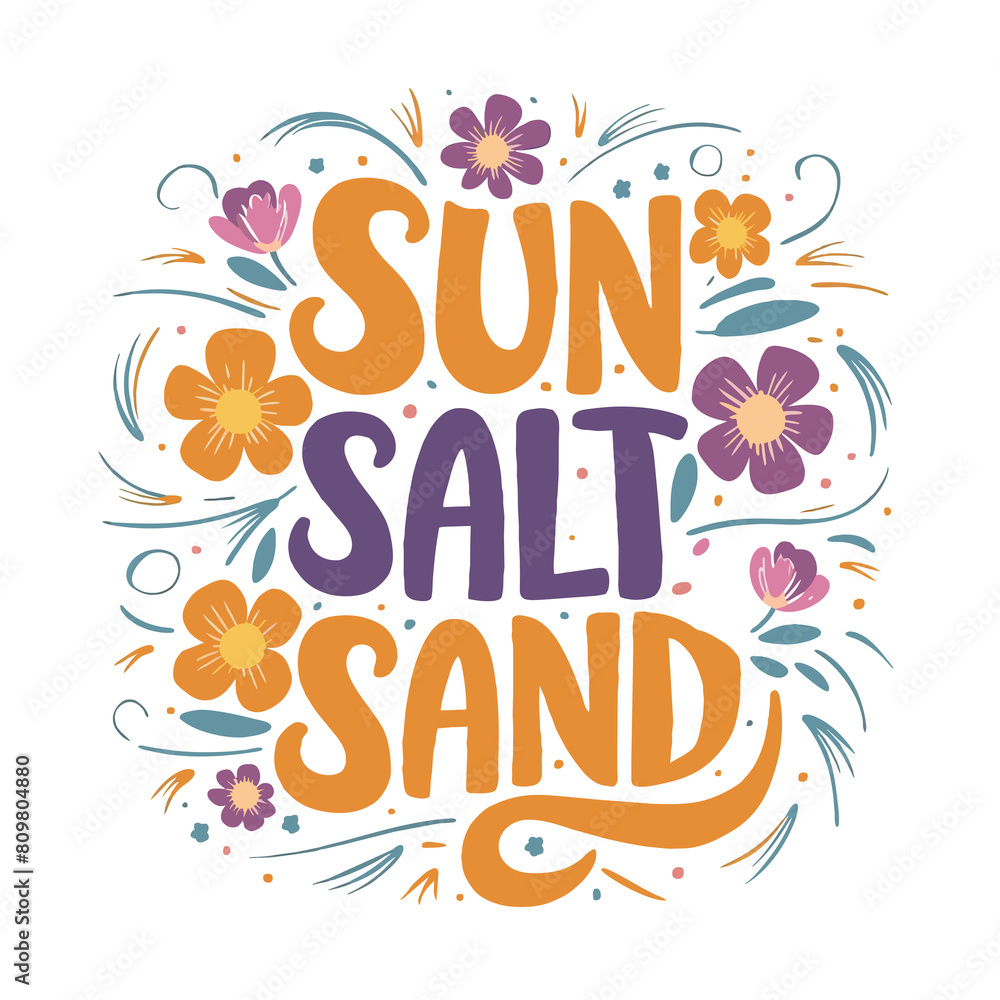 graphics groovy sun salt sand inscription in yellow and purple