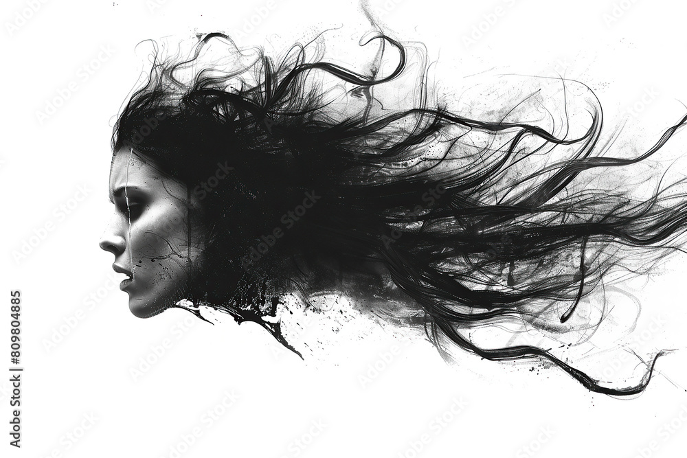 Woman Face Silhouette, Isolated Head Floating, Mental State, Depression Woman Face Silhouette, Isolated Head Floating, Mental State, Depression