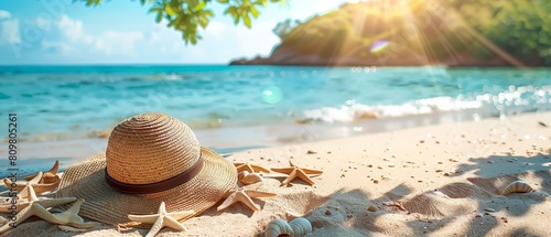 Summer vacation background with lots of space  tropical beach with sunbathing accessories like as hat  starfish  Generative AI.