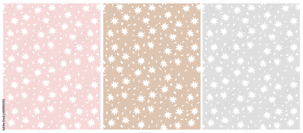 Set of 4 Seamless Patterns with White Stars. Irregular Hand Drawn Simple Starry Print. Infantile Drawing Style Galaxy Design. Little Stars Isolated on a Light Gray, Cappuccino Brown and Pastel Pink. Set of 4 Seamless Patterns with White Stars. Irregular Hand Drawn Simple Starry Print. Infantile Drawing Style Galaxy Design. Little Stars Isolated on a Light Gray, Cappuccino Brown and Pastel Pink.