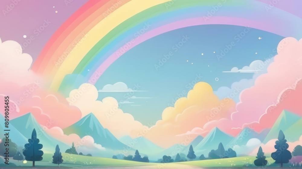 Fototapeta premium Rainbow Pastel Landscape . Kawaii Comic Style Suitable for Background