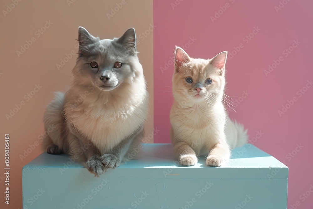 2 dogs and 2 cats happily relax together for a casual yet professional shoot in a minimalist, upscale studio. The background is a modern bright solid pastel beige. 8K with generative ai 2 dogs and 2 cats happily relax together for a casual yet professional shoot in a minimalist, upscale studio. The background is a modern bright solid pastel beige. 8K with generative ai