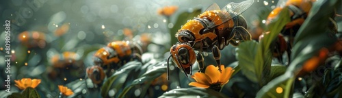 Robotic bees pollinate flowers within a climate controlled greenhouse, mimicking the intricate dance of their natural counterparts photo
