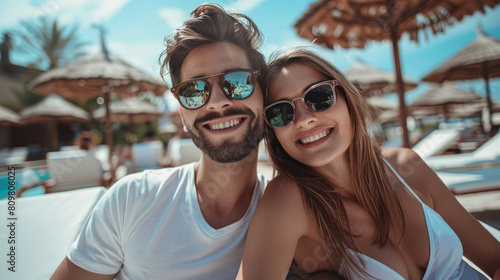 smiling couple wearing sunglasses relaxing on the beach in sunl contribute to an overall sense of comfort and confidence