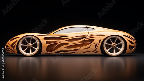 wooden sculpture of a futuristic sports car, with the body made of light brown wood with darker brown accents and white wheels. photo