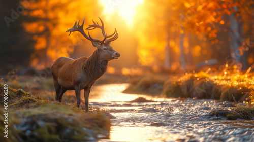 Majestic stag standing in a stream at golden sunset