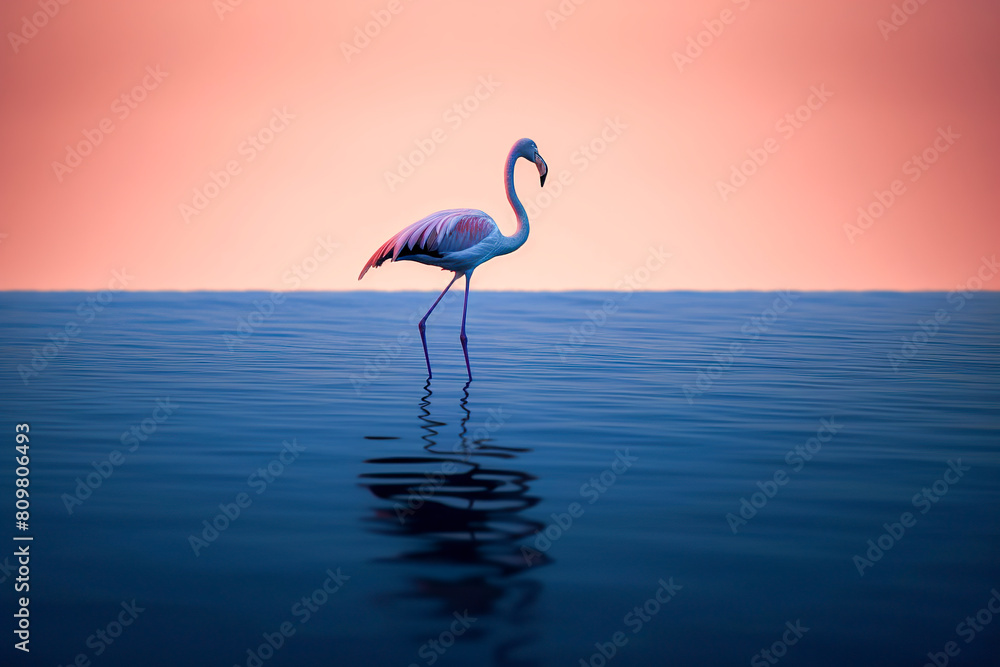 Fototapeta premium A lone flamingo stands in water against a serene, gradient sunset of blues and warm hues