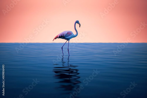 A lone flamingo stands in water against a serene  gradient sunset of blues and warm hues