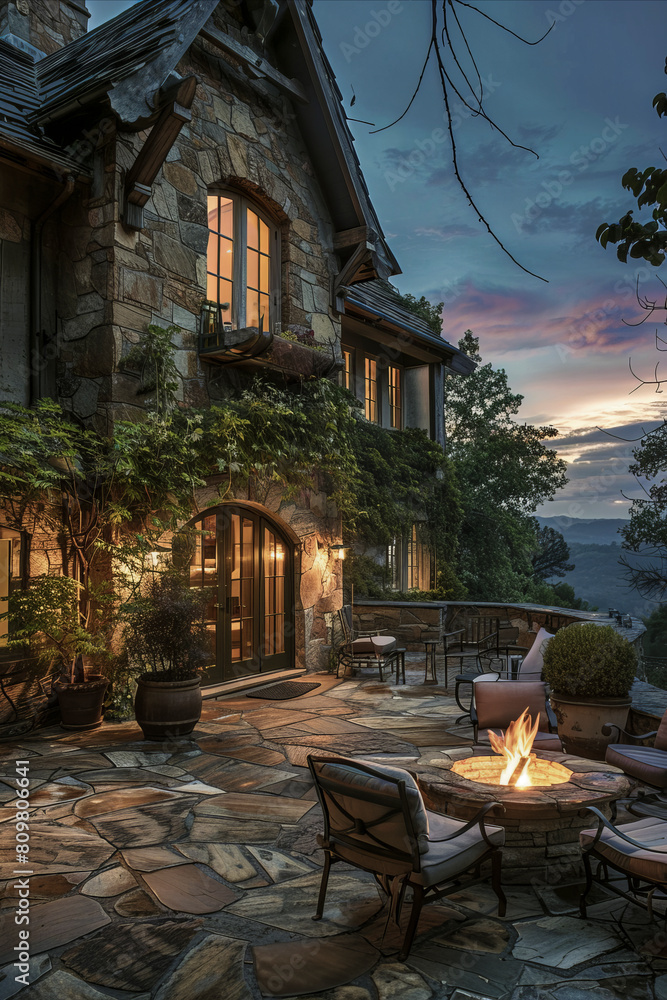 Obraz premium An evening view of a cozy outdoor seating area with a fire pit, surrounded by nature and a rustic building