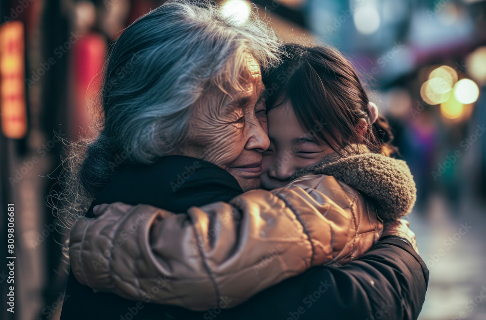 Hugging A Lod woman and a child are hugging each other. The scene is set in a city ...