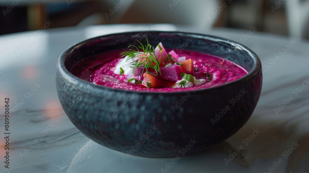 Authentic cold beet soup served in a black ceramic bowl, garnished with fresh dill, demonstrating latvian culinary traditions Authentic cold beet soup served in a black ceramic bowl, garnished with fresh dill, demonstrating latvian culinary traditions