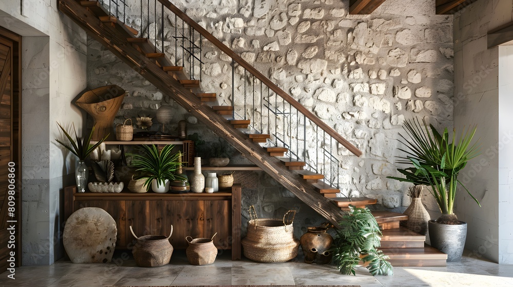Boho interior design of modern entrance hall with wooden staircase and rustic decor pieces. Created with generative AI