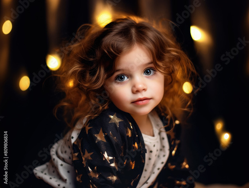 Small cute baby girl in stars dress posing like a model, closeup portrait. Generative AI