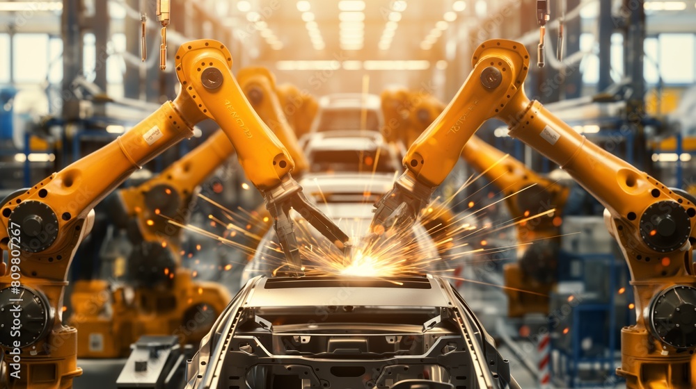 Robotic arm welding car in factory Automotive design in action