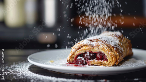 Authentic latvian cherry strudel on a white plate, sprinkled with powdered sugar, a delightful pastry in a cozy setting