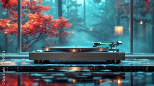 Record player with record on it against the backdrop of a window with an autumn landscape